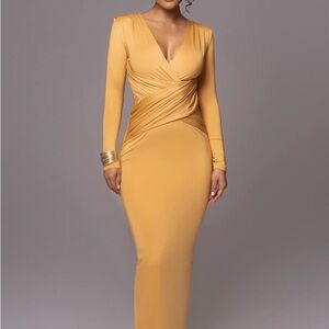 JLUXLABEL Yellow Ruched Wrap Dress Long Sleeve